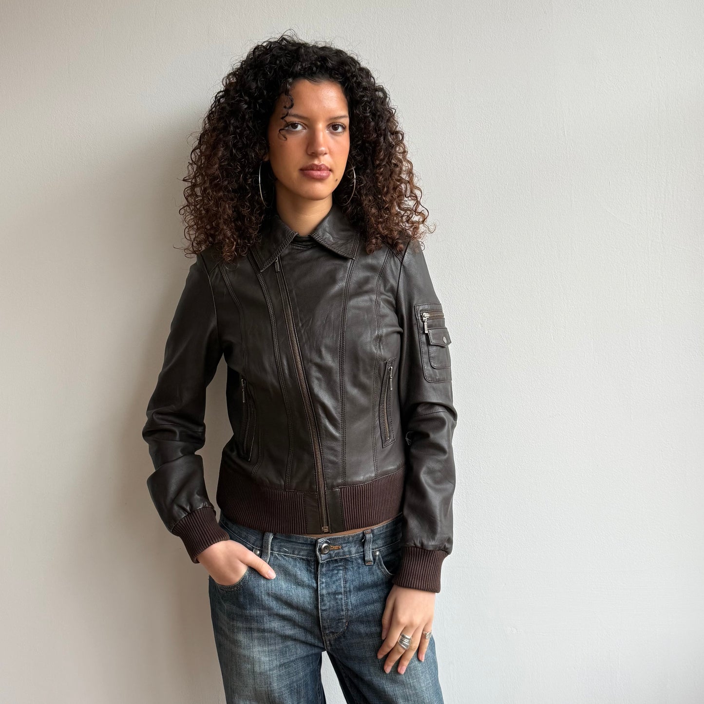 Brown asymmetric zip leather jacket - Size S