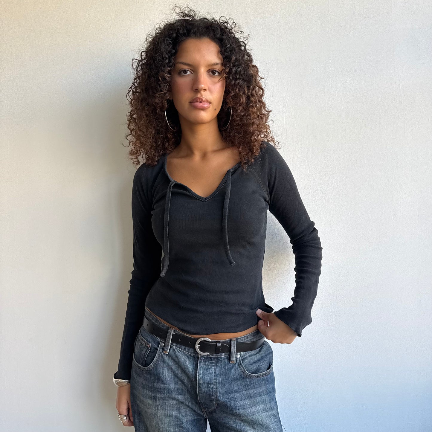 Black neck tie long sleeve top - Size S/M