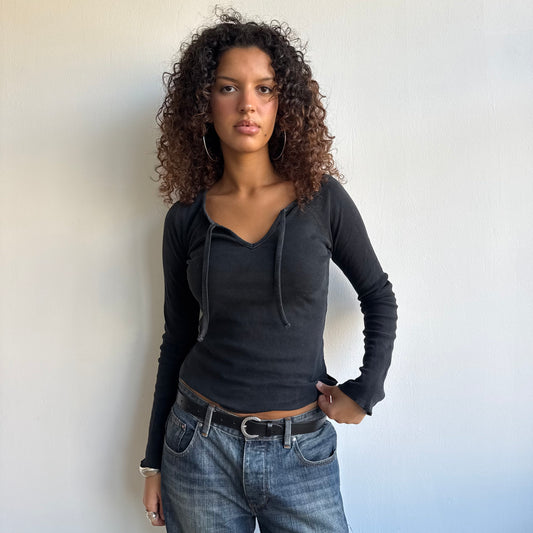 Black neck tie long sleeve top - Size S/M