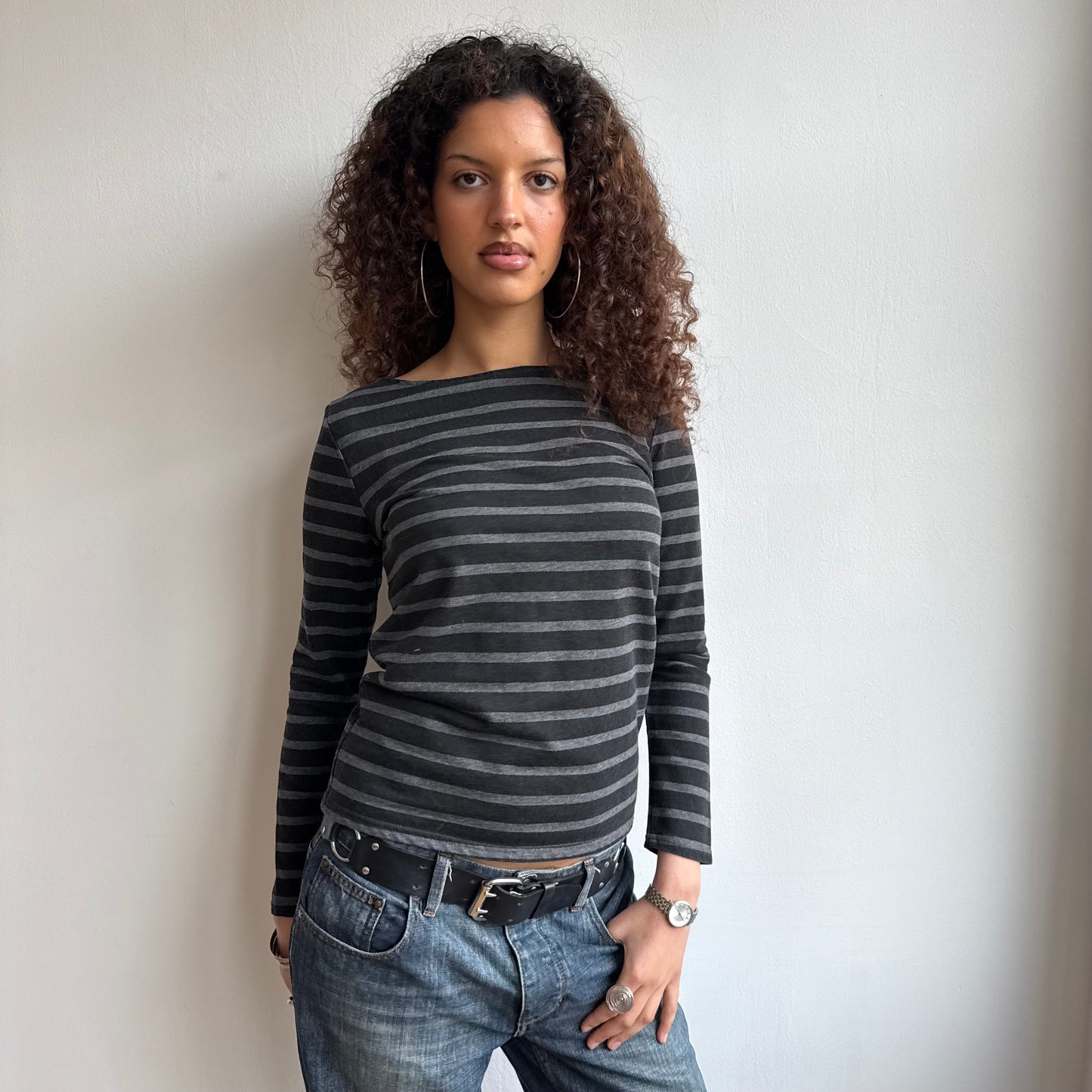 Black + grey striped long sleeve - Size S