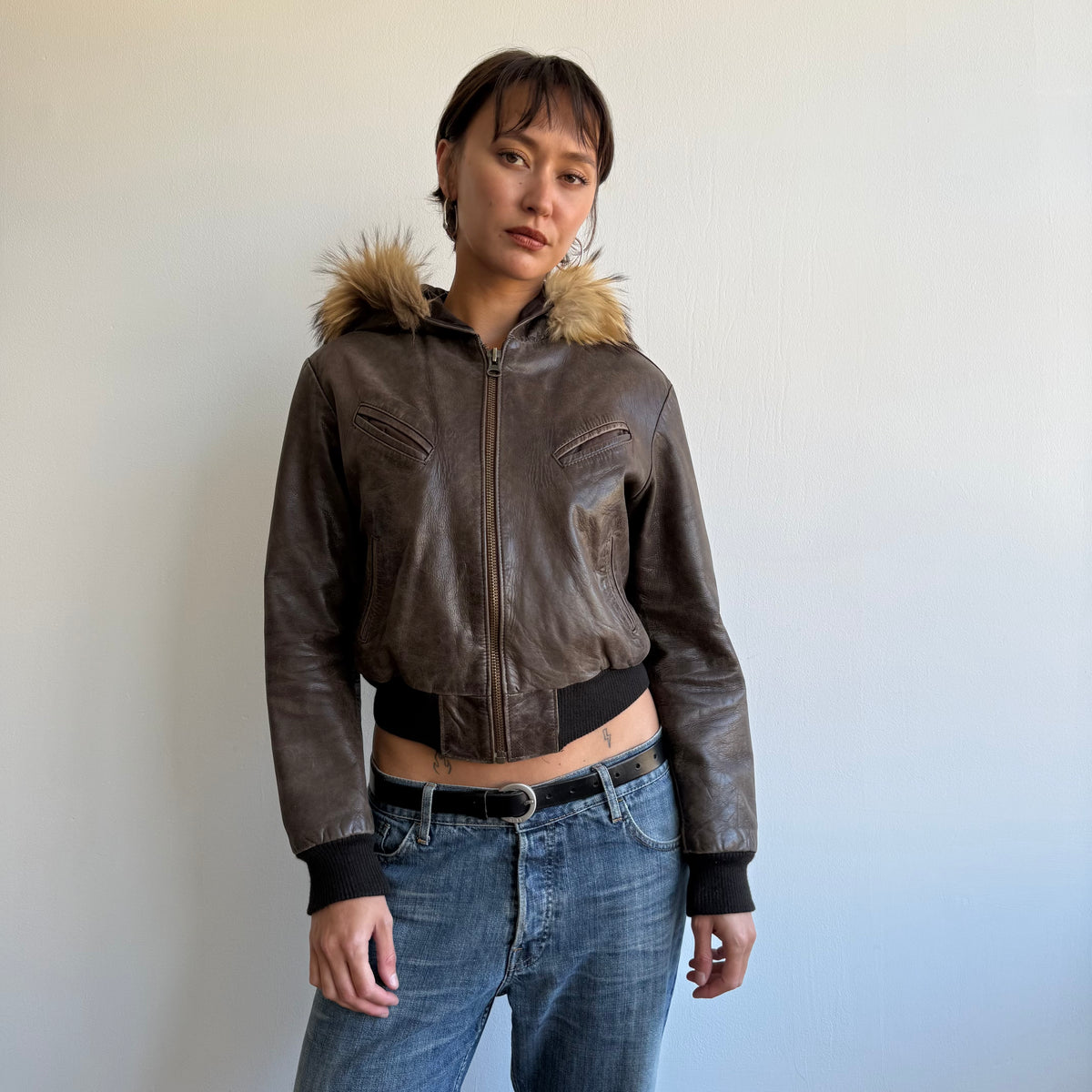 Brown leather fur hood bomber - Size S/M