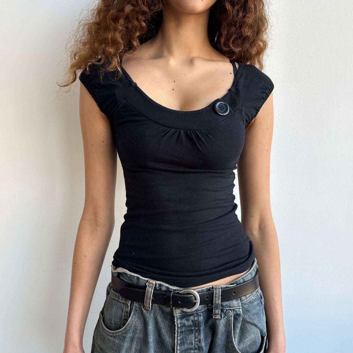 Black button bardot top - Size S