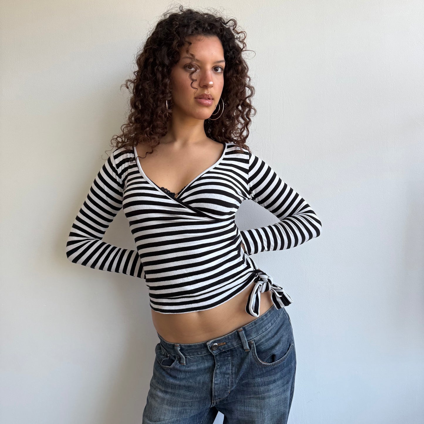 Black + white striped long sleeve wrap top - Size S