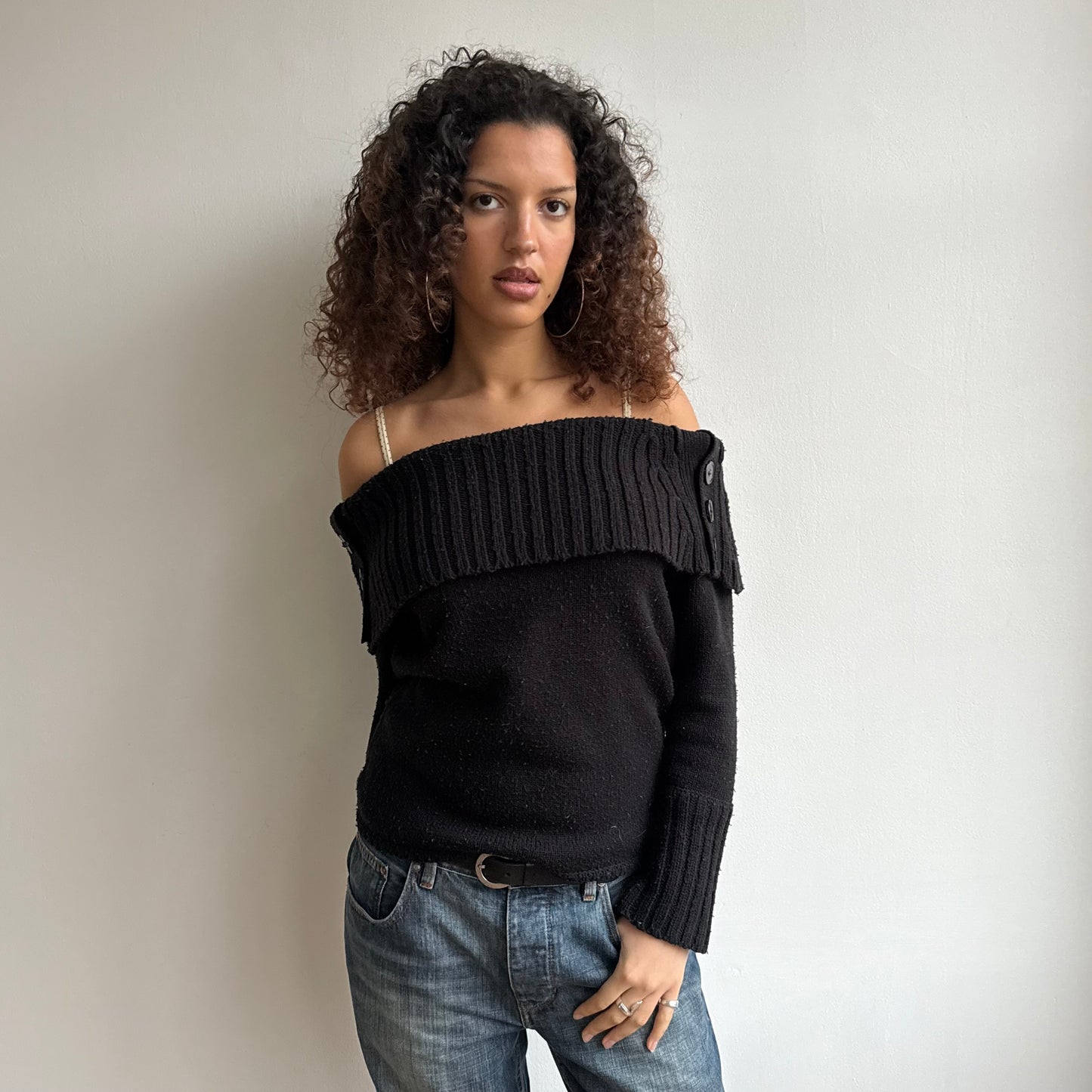 Black bardot button knit - Size L