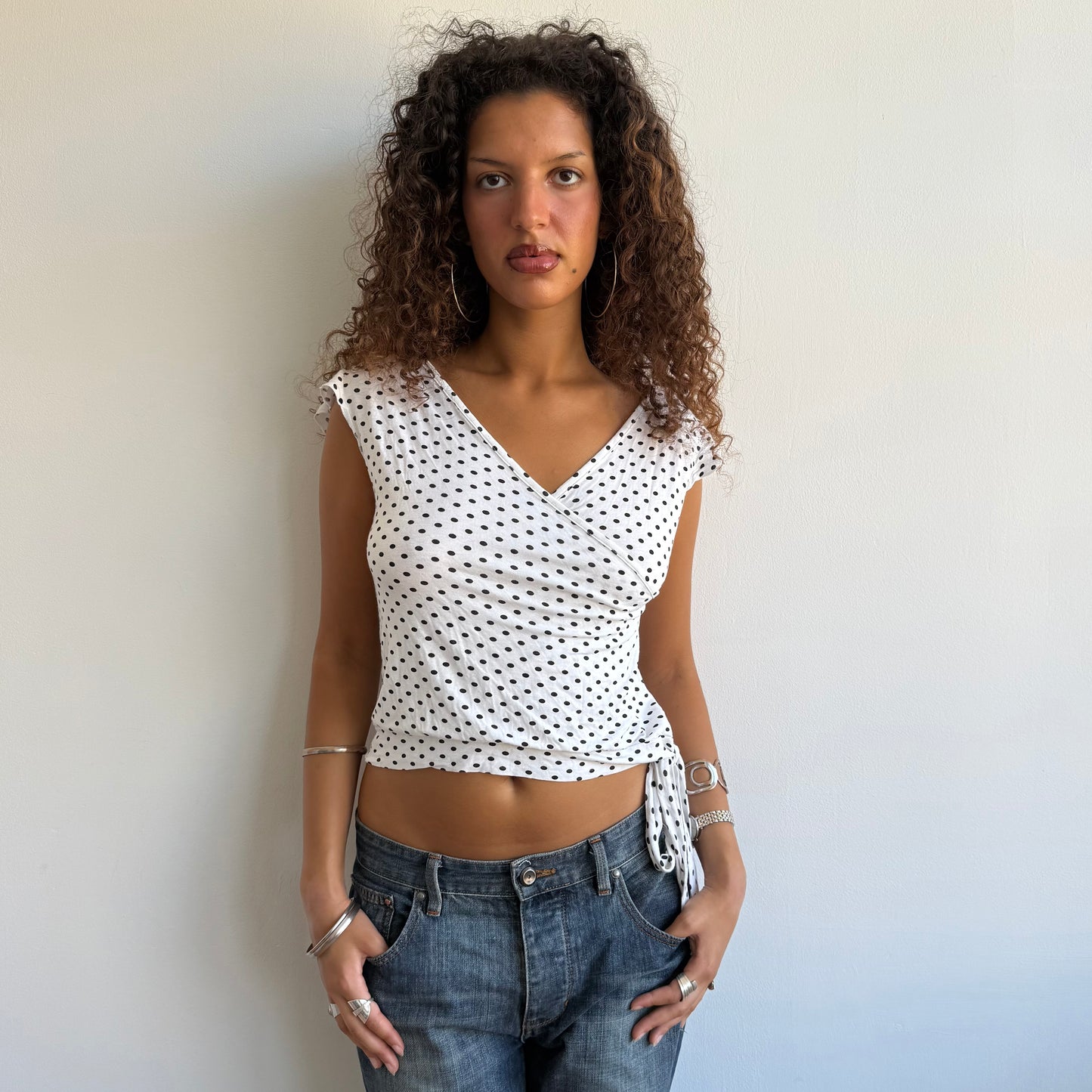 White polka dot wrap top - Size S + M