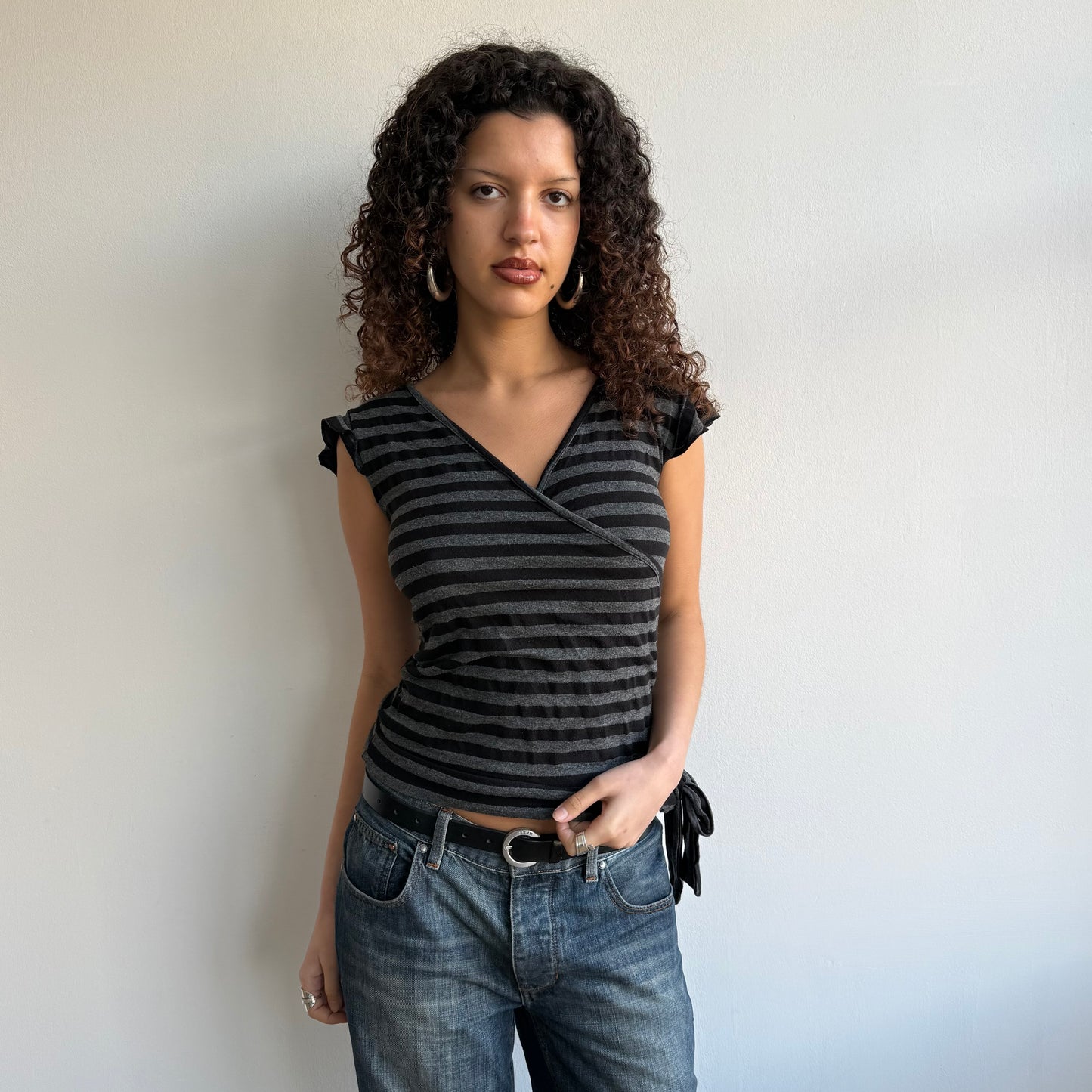 Black + grey striped wrap top - Size M/L