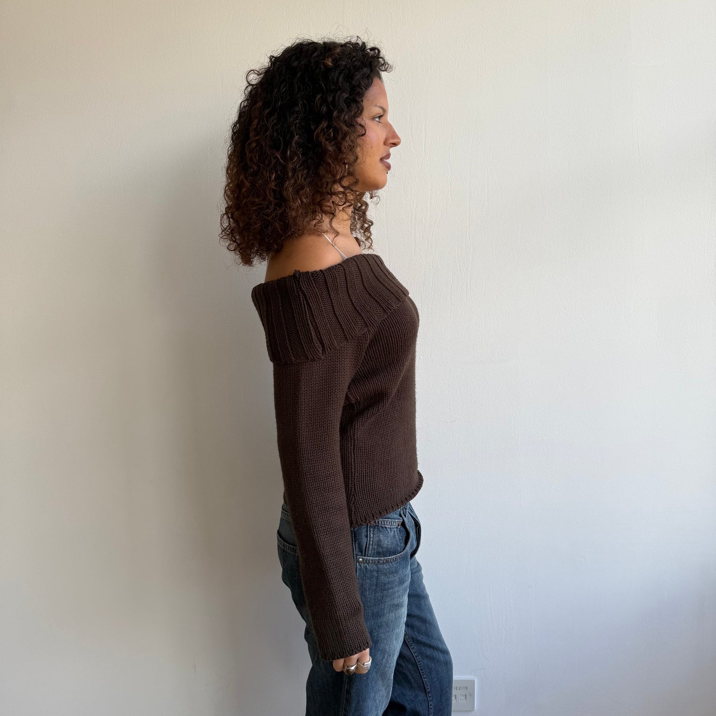 Brown knit Bardot jumper - Size M