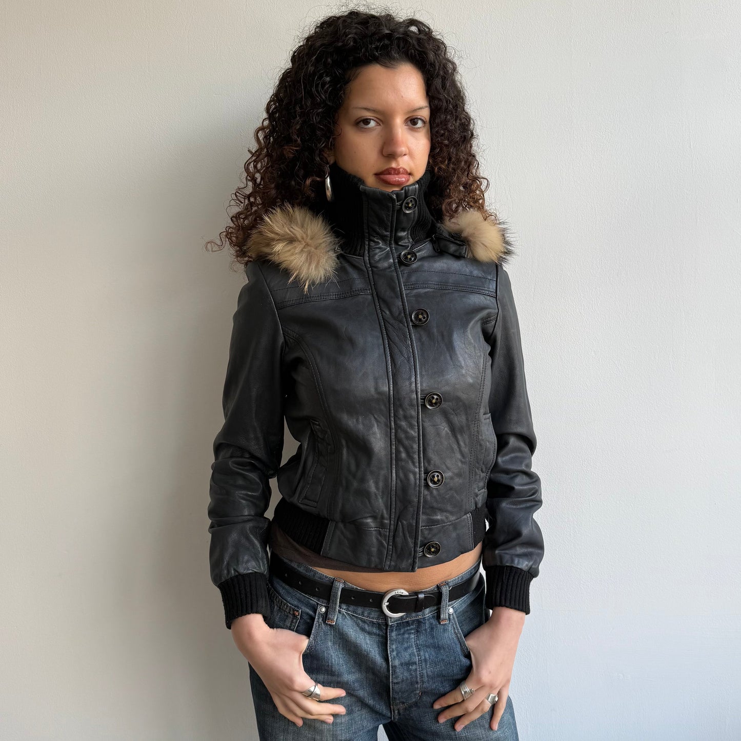 Black leather bomber with fur hood - Size S