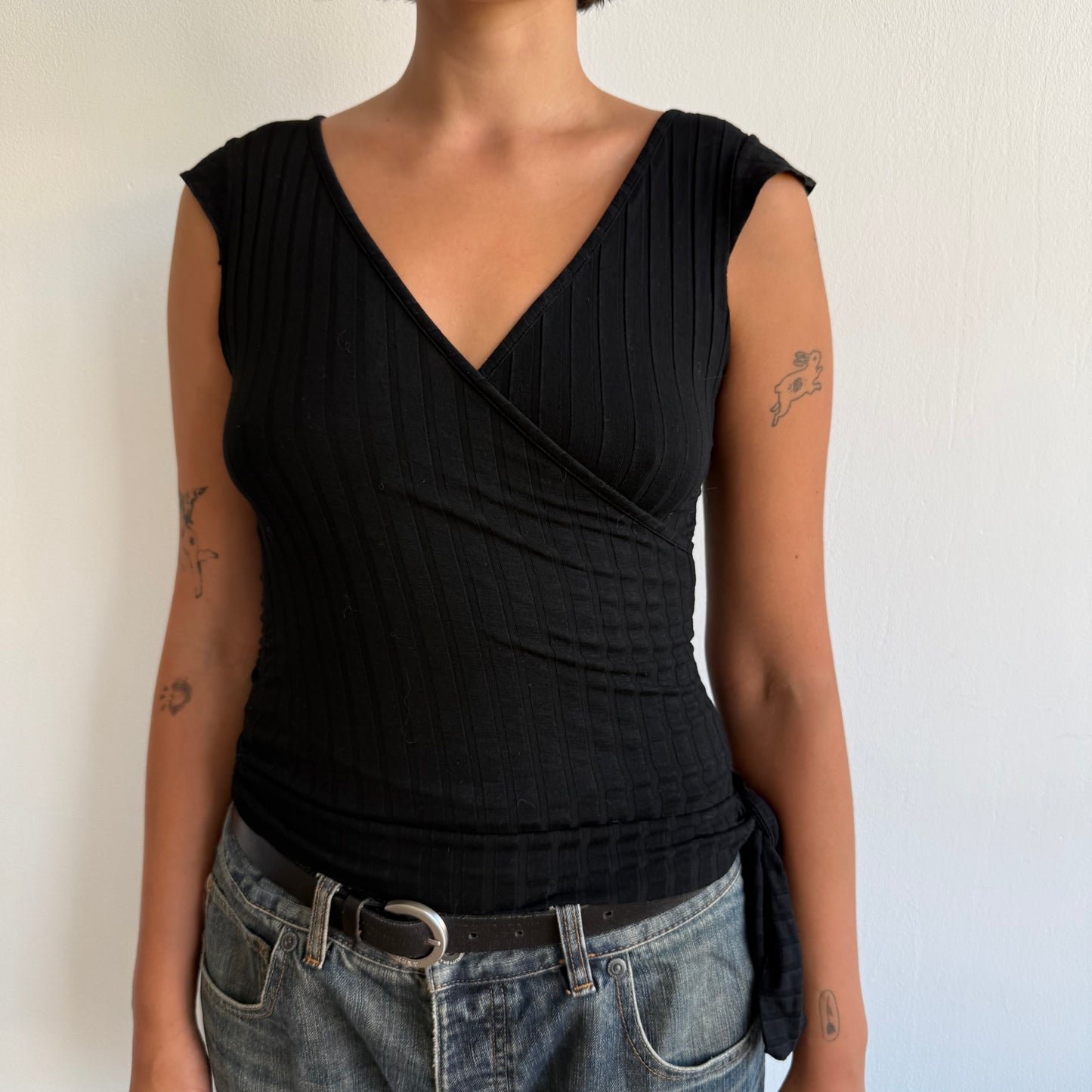 Black ribbed wrap tie side top - Size S