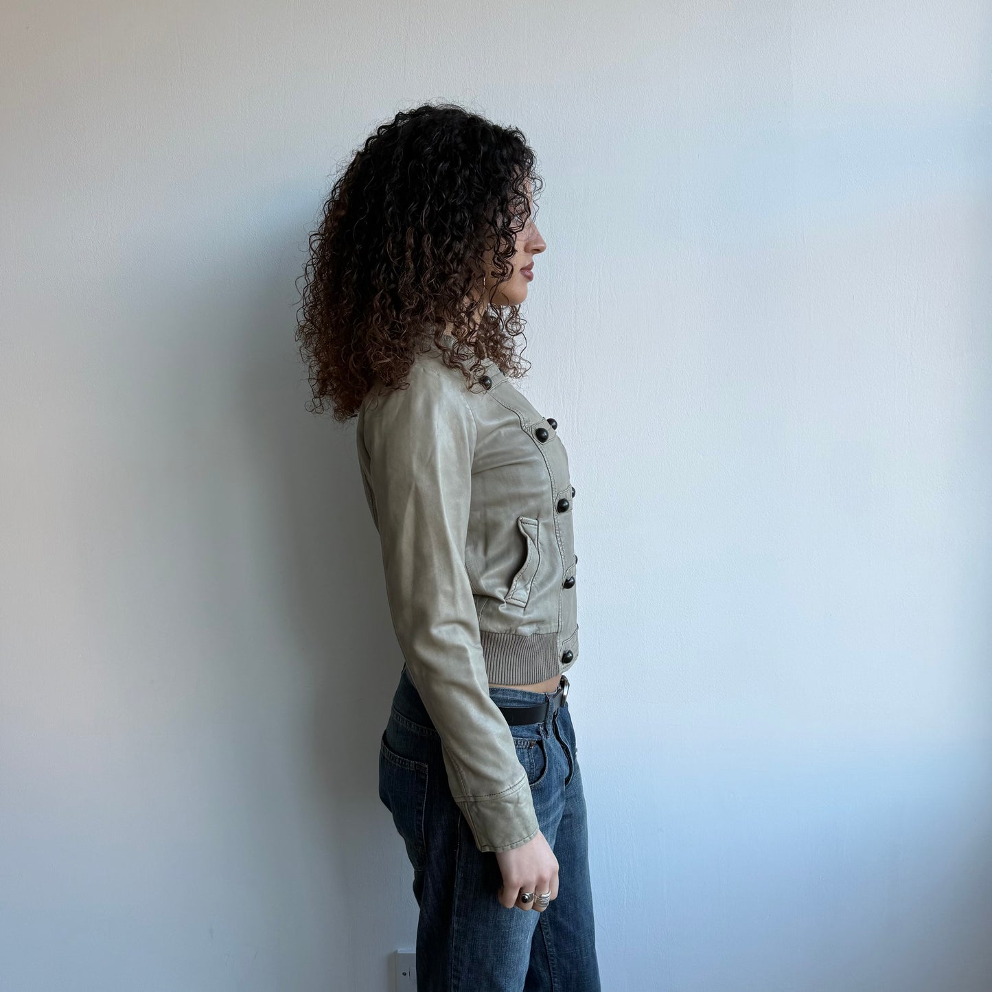 Beige leather military bomber - Size S/M