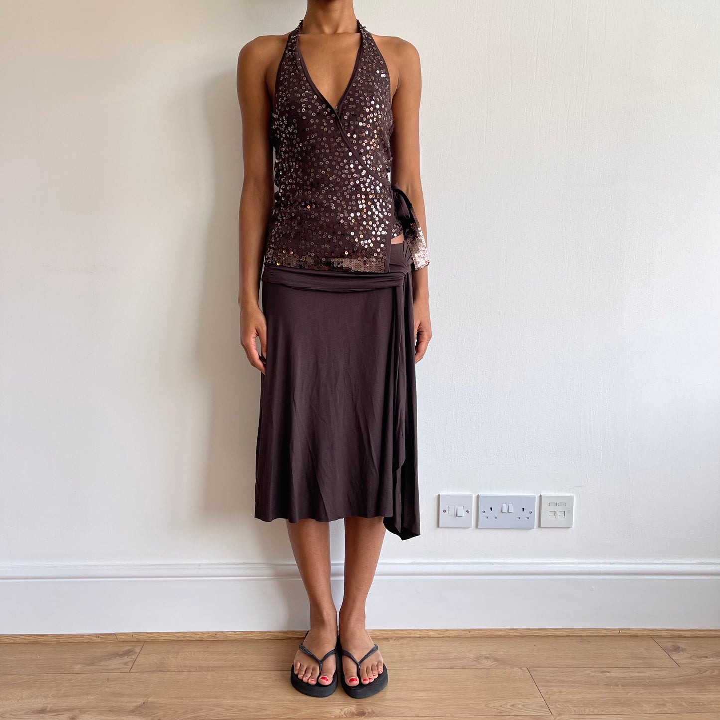 Brown sequin knit halter neck - Size S