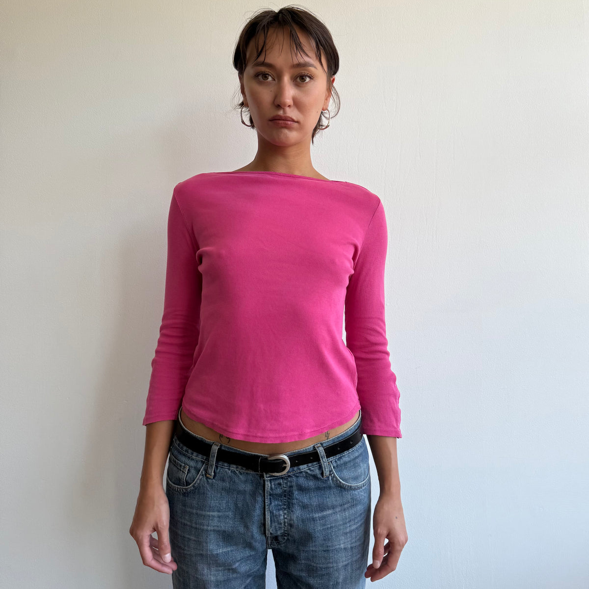 Hot pink 3/4 sleeve popper top - Size S