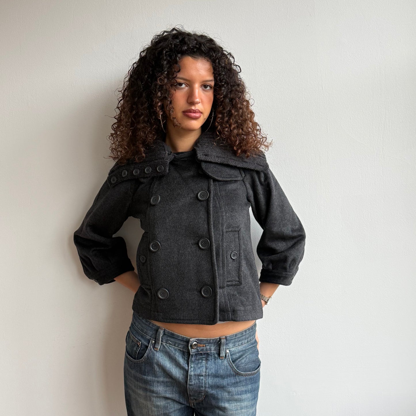 Grey ribbed collar peacoat - Size S
