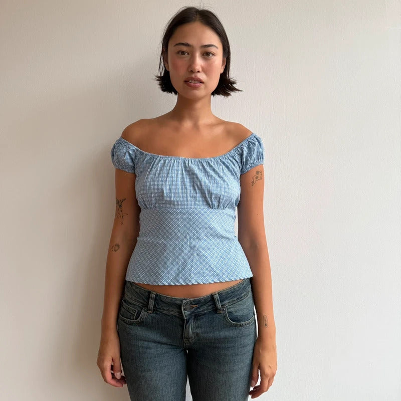 Blue check backless milkmaid top - Size S-M