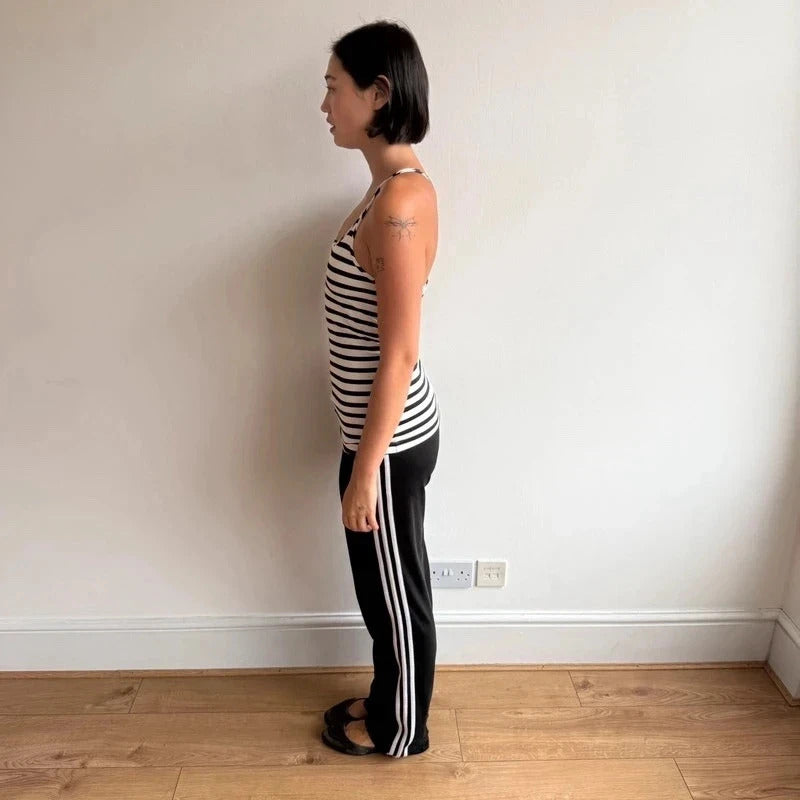 Reebok black + white striped gym top - Size S