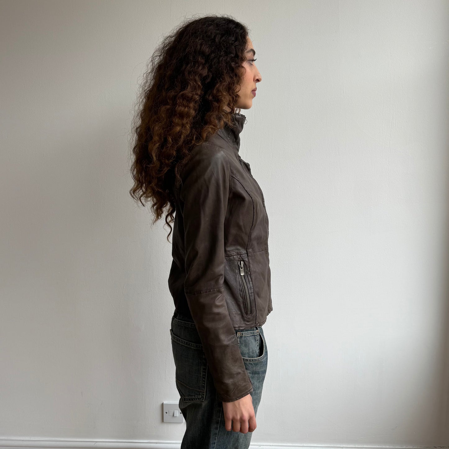 Brown leather asymmetric jacket - Size S