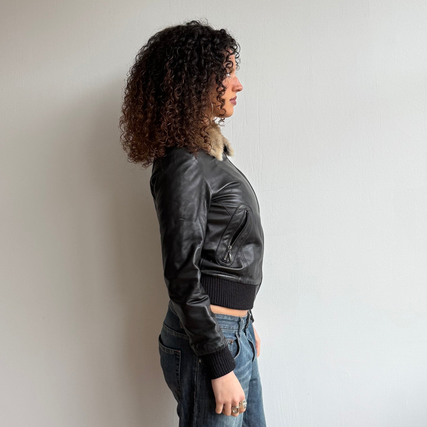 Black leather fur zip jacket - Size M