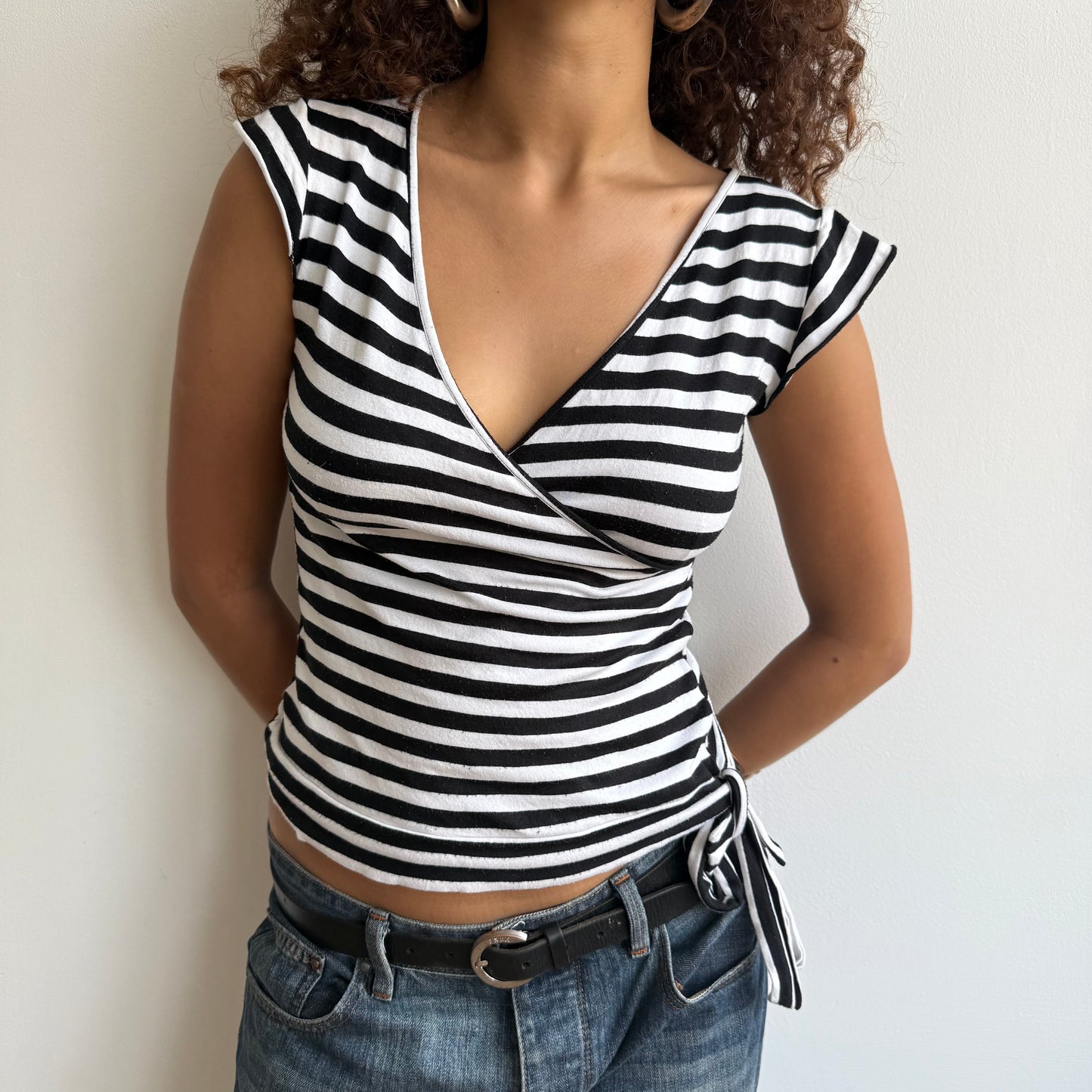 Black and white striped wrap top - Size M