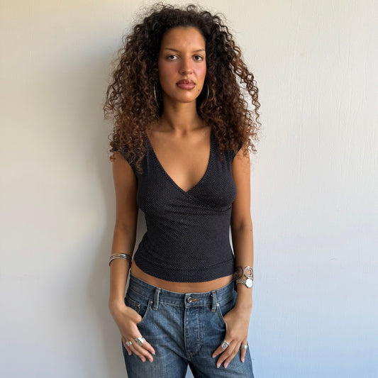 Micro polka dot wrap tie side top - Size Small