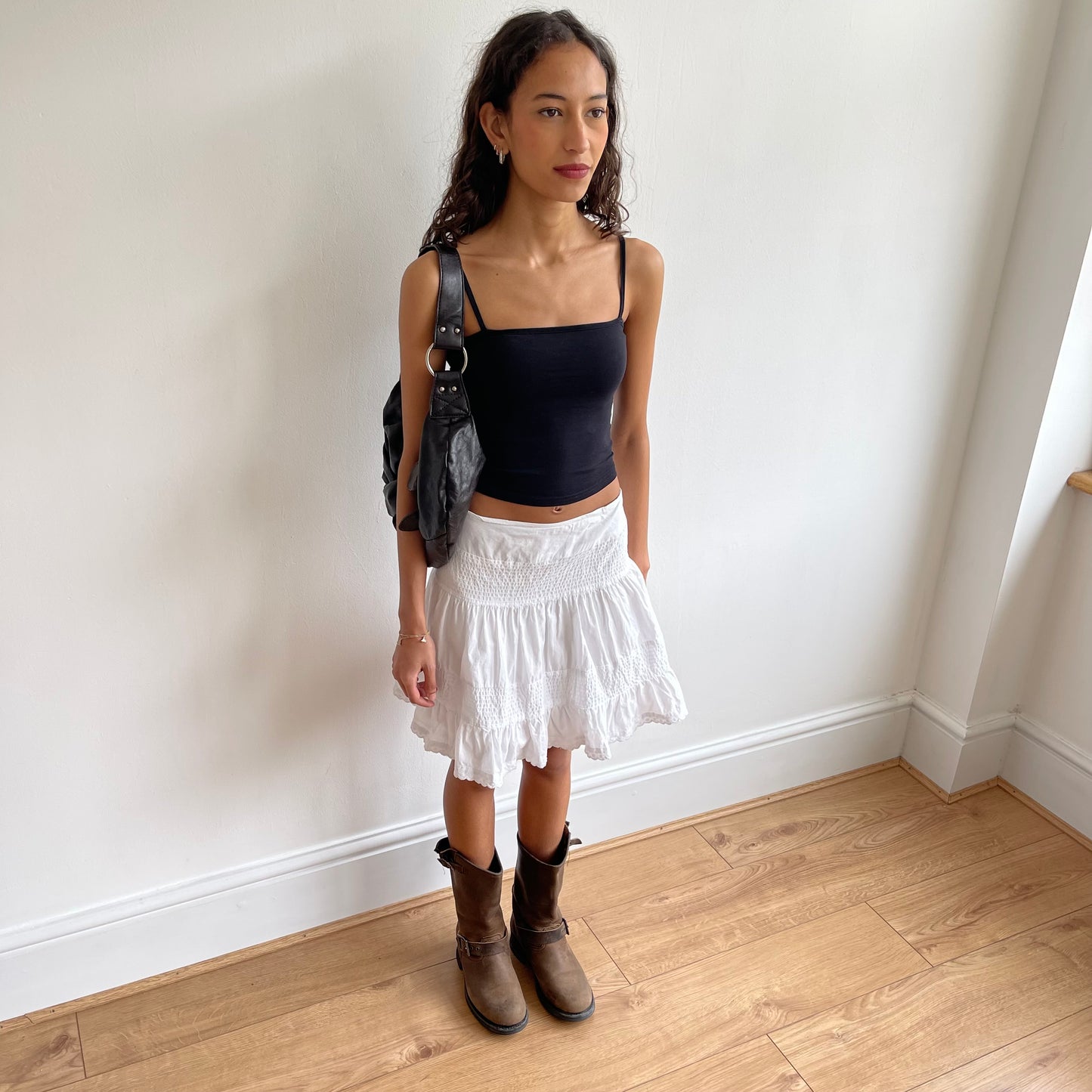 White boho ruched mini skirt - Size S