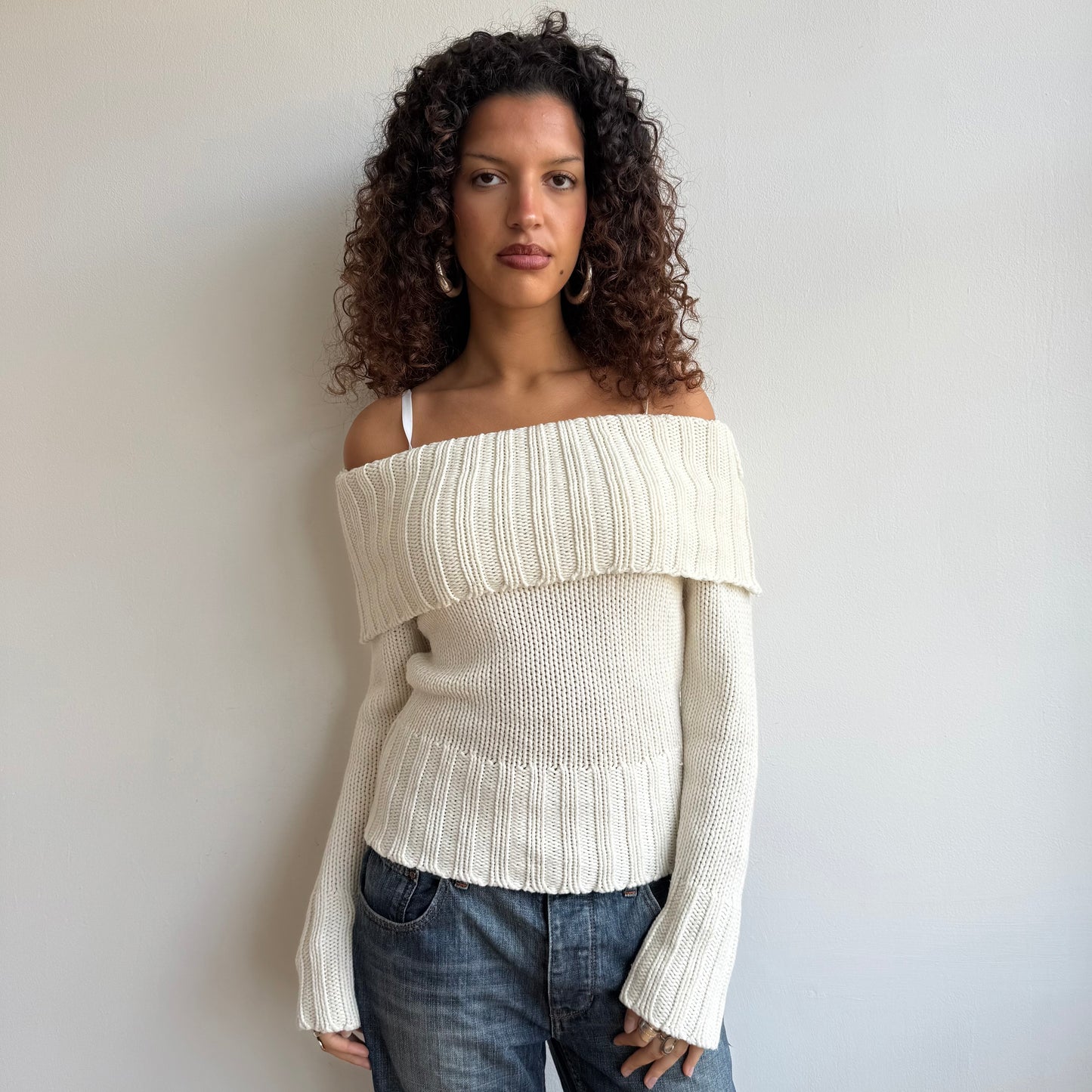 Cream knit Bardot jumper - Size M