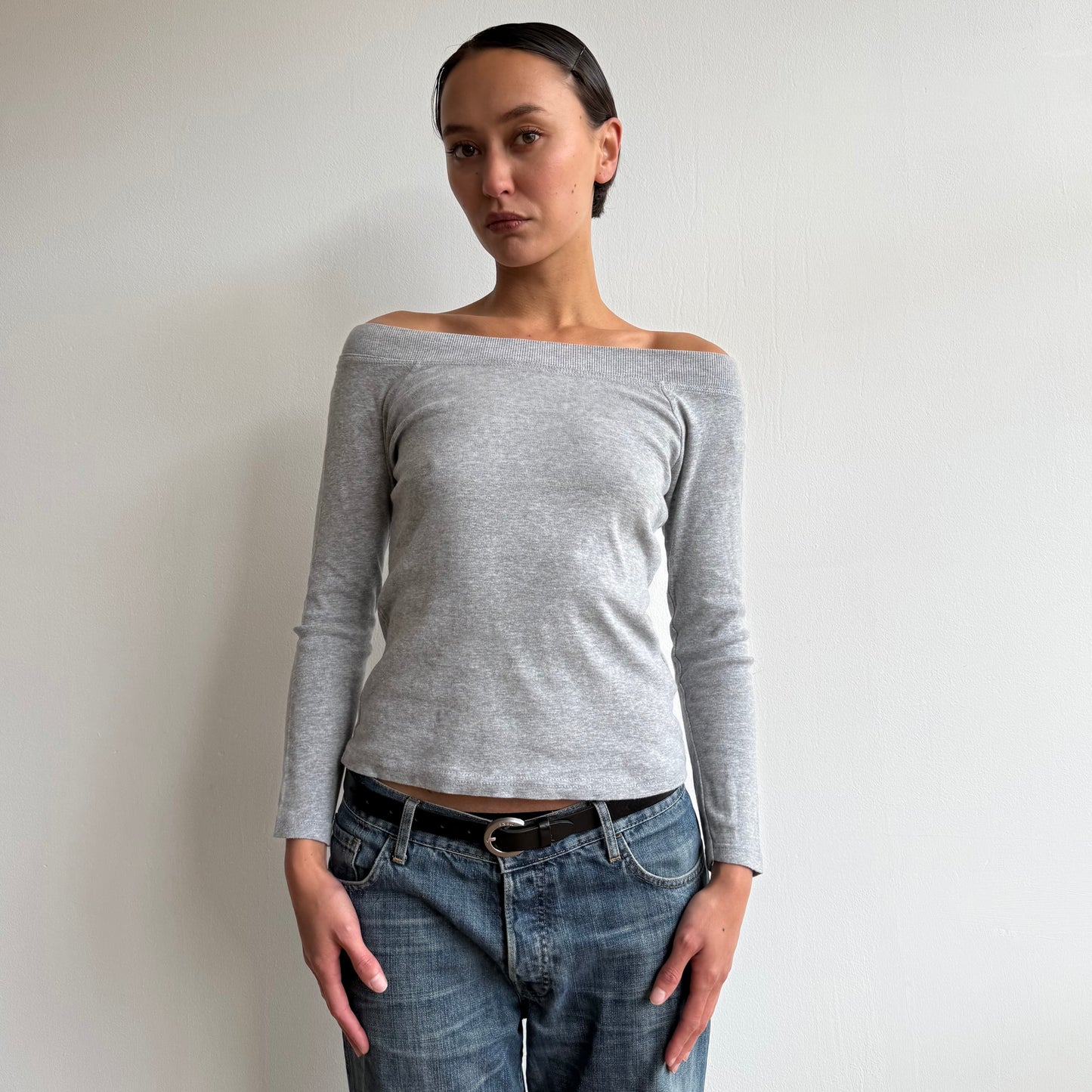 Grey 3/4 sleeve boatneck top - Size M