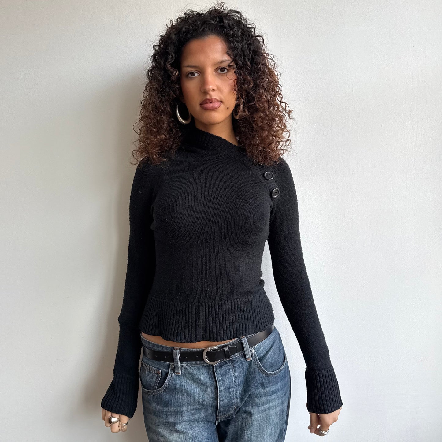 Black button knit hoodie - Size S