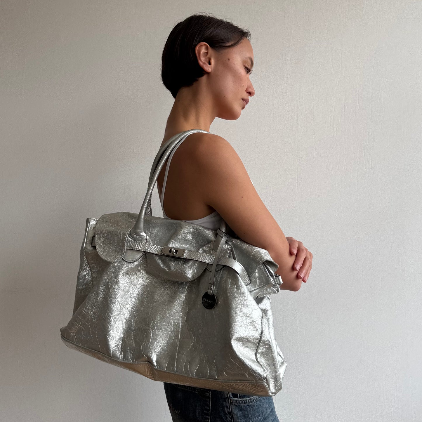 Silver leather ‘firkin’ bag - One Size