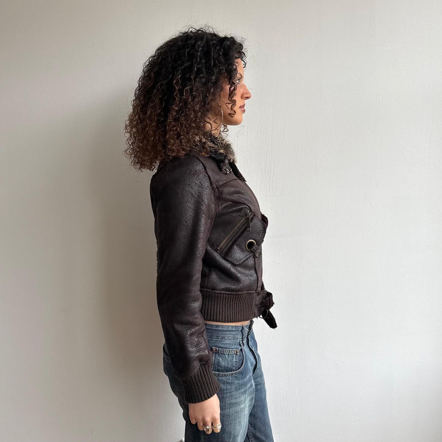 Brown buckle faux suede bomber - Size S