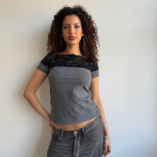 Grey lace Bardot top - Size S