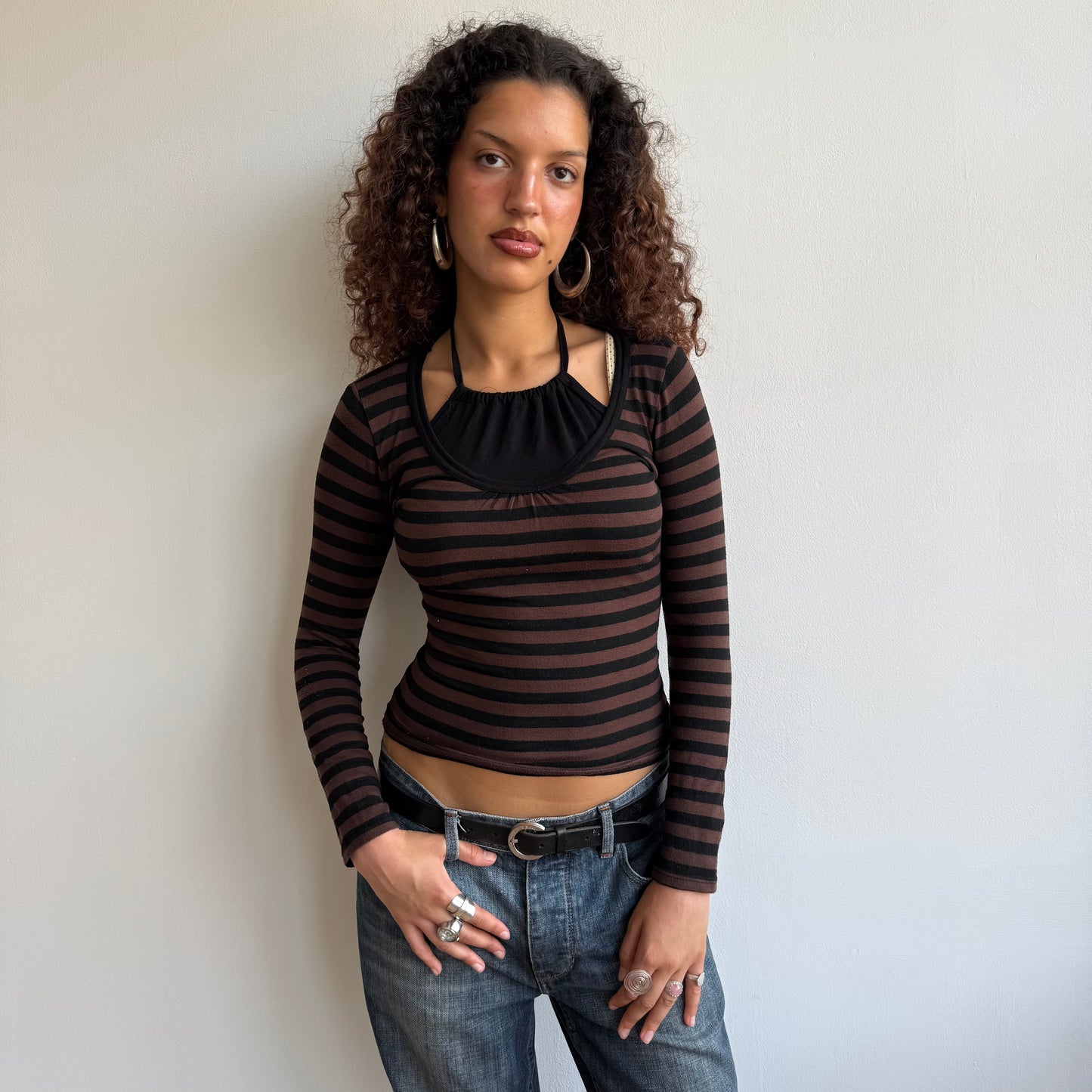 Brown striped 2in1 top - S