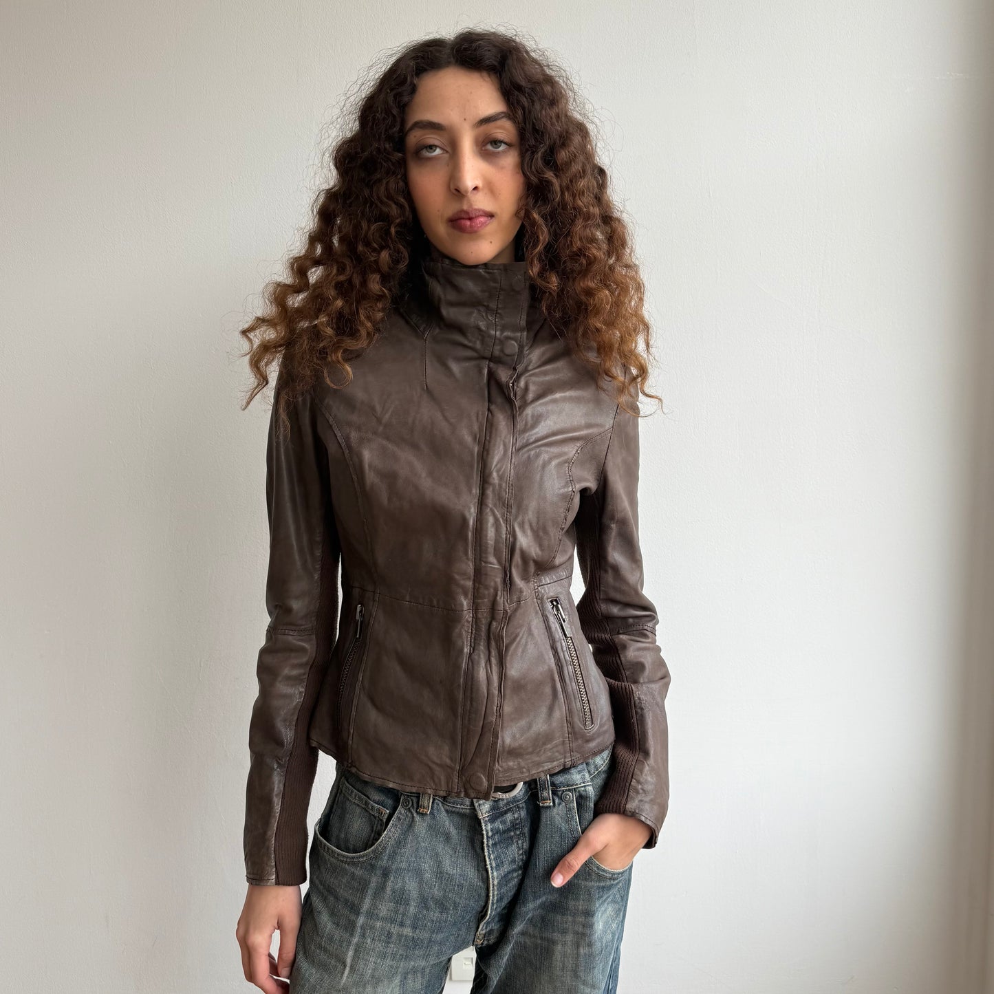 Brown leather asymmetric jacket - Size S