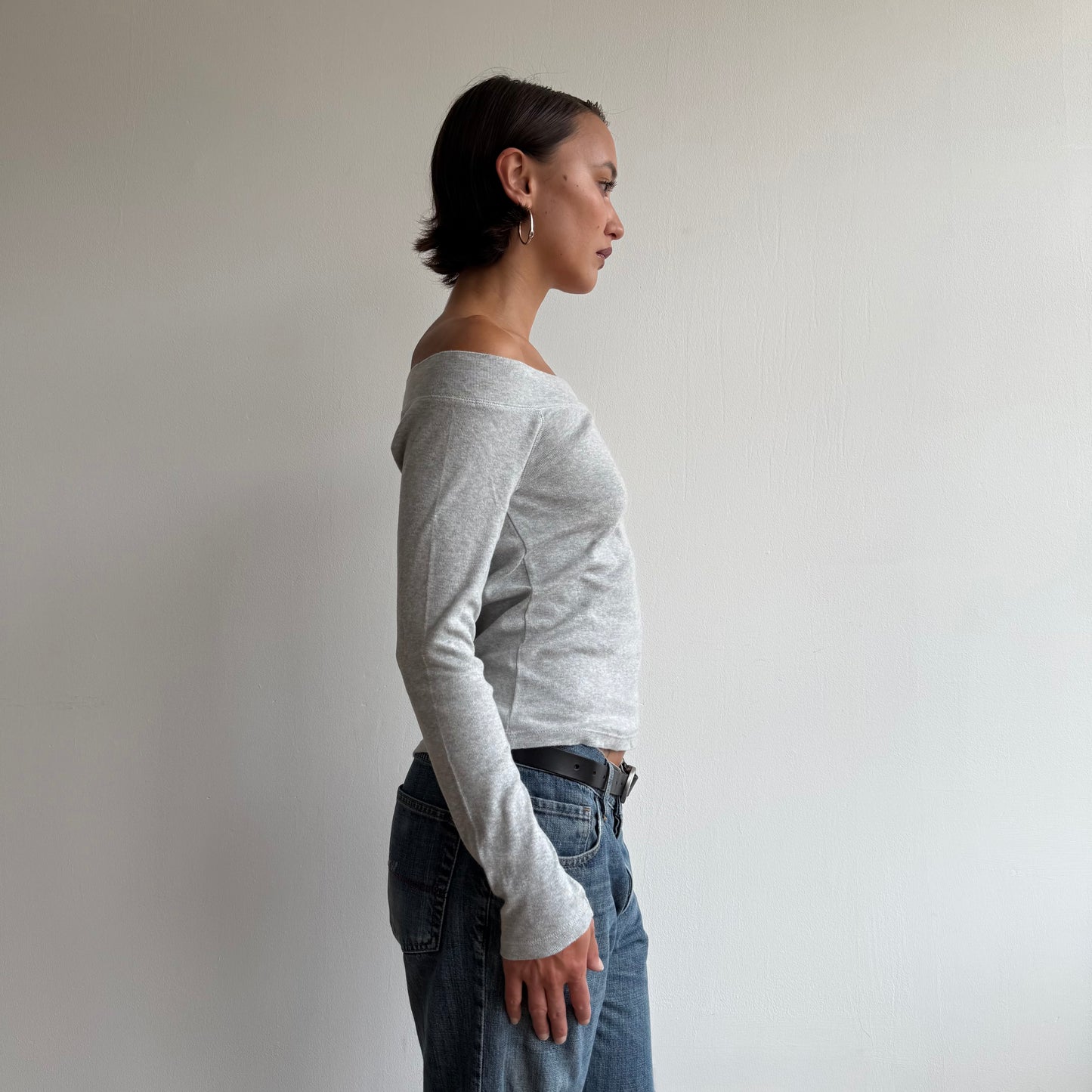 Grey long sleeve Bardot top - Size M