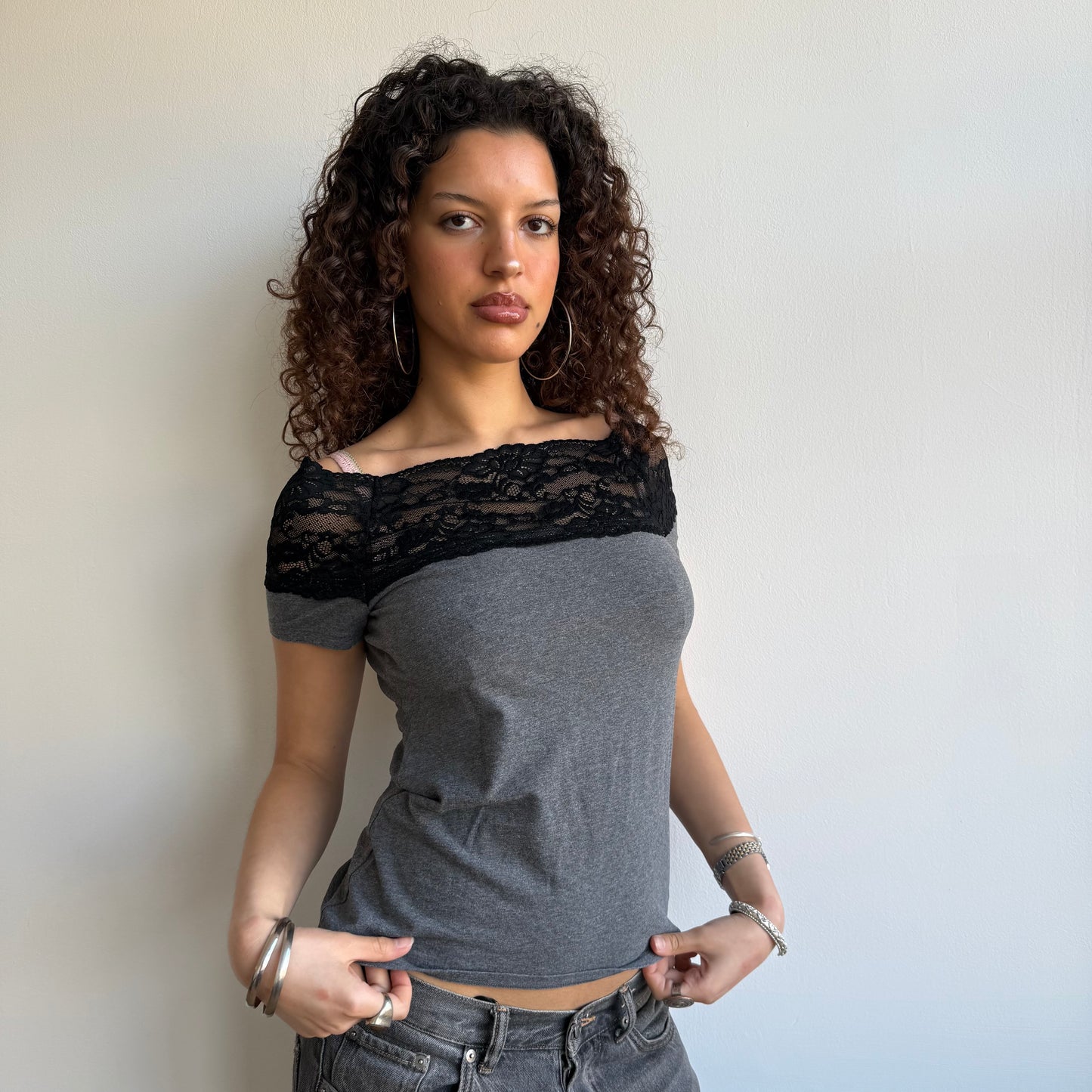 Grey lace Bardot top - Size S