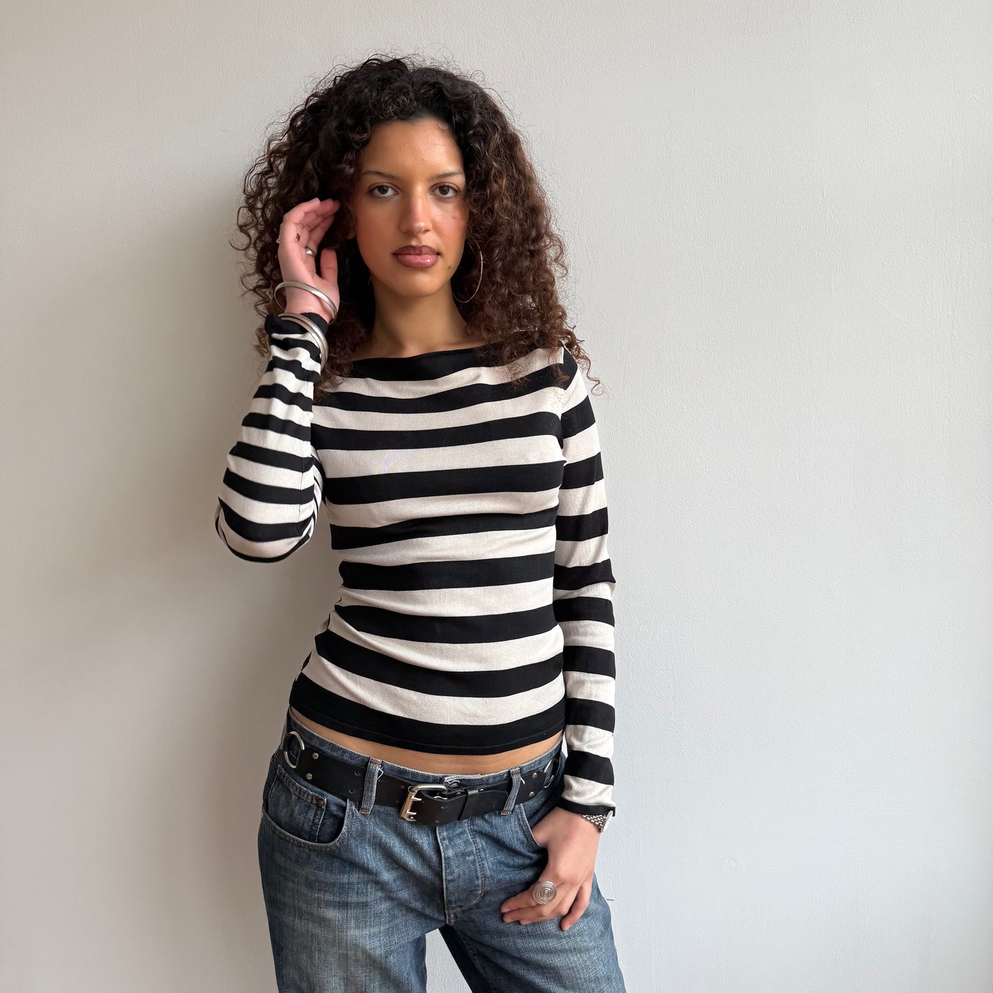 Black + white dual stripe top - Size S