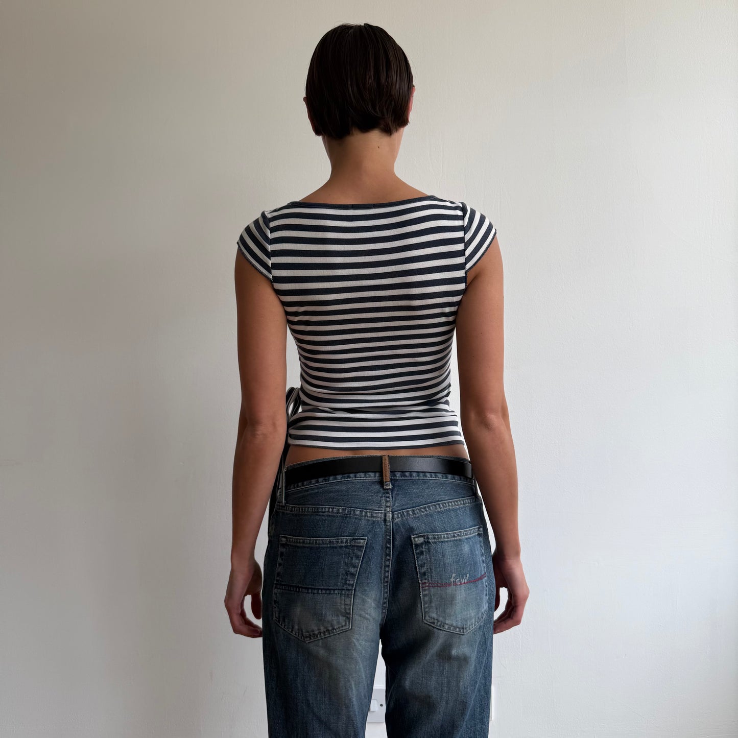 Navy + white stripe wrap top - Size S