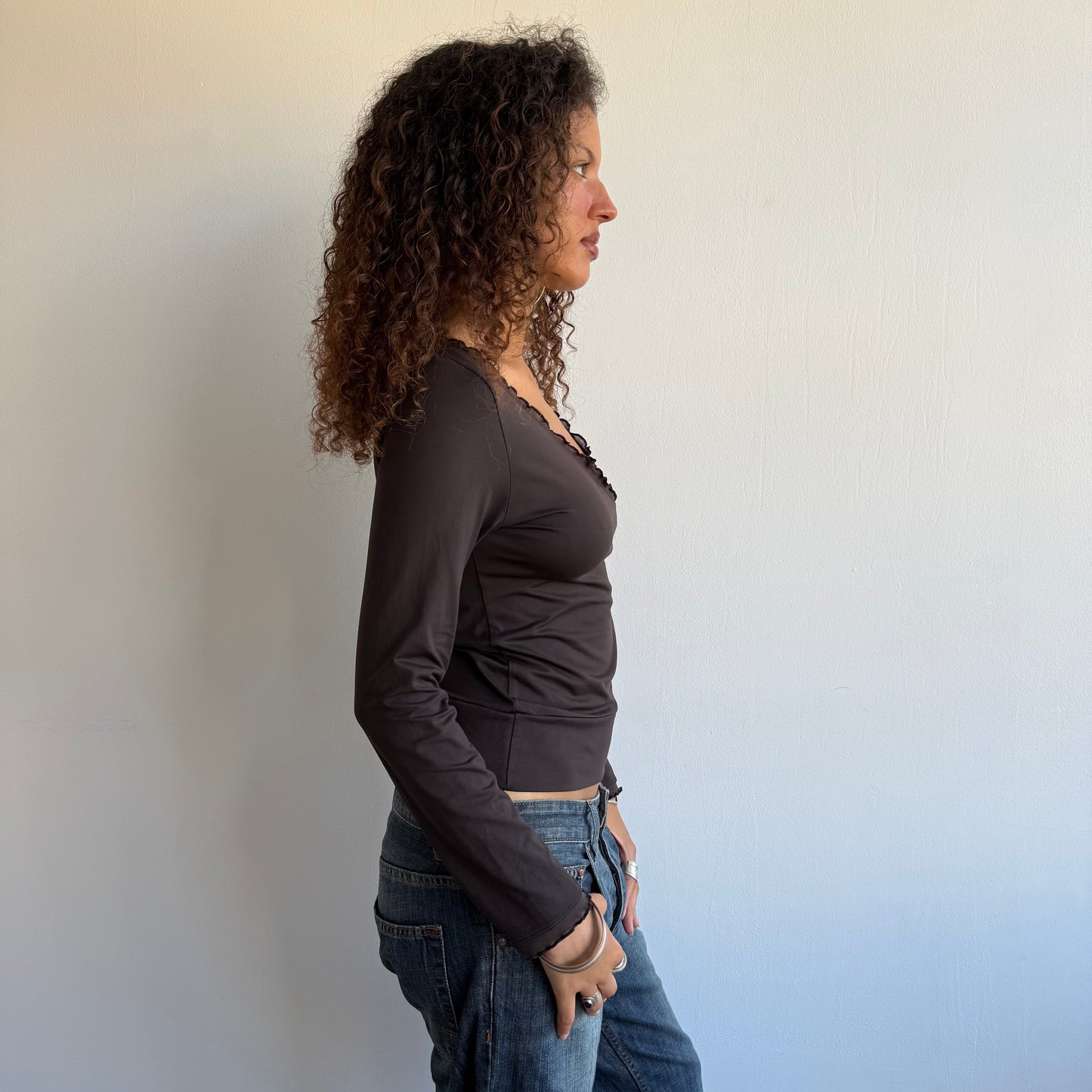 Brown long sleeve wrap ruffle top - Size M