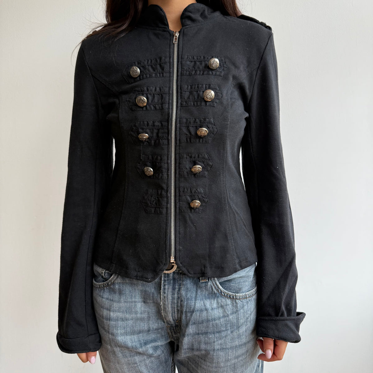 Black zip up military jumper - Size M