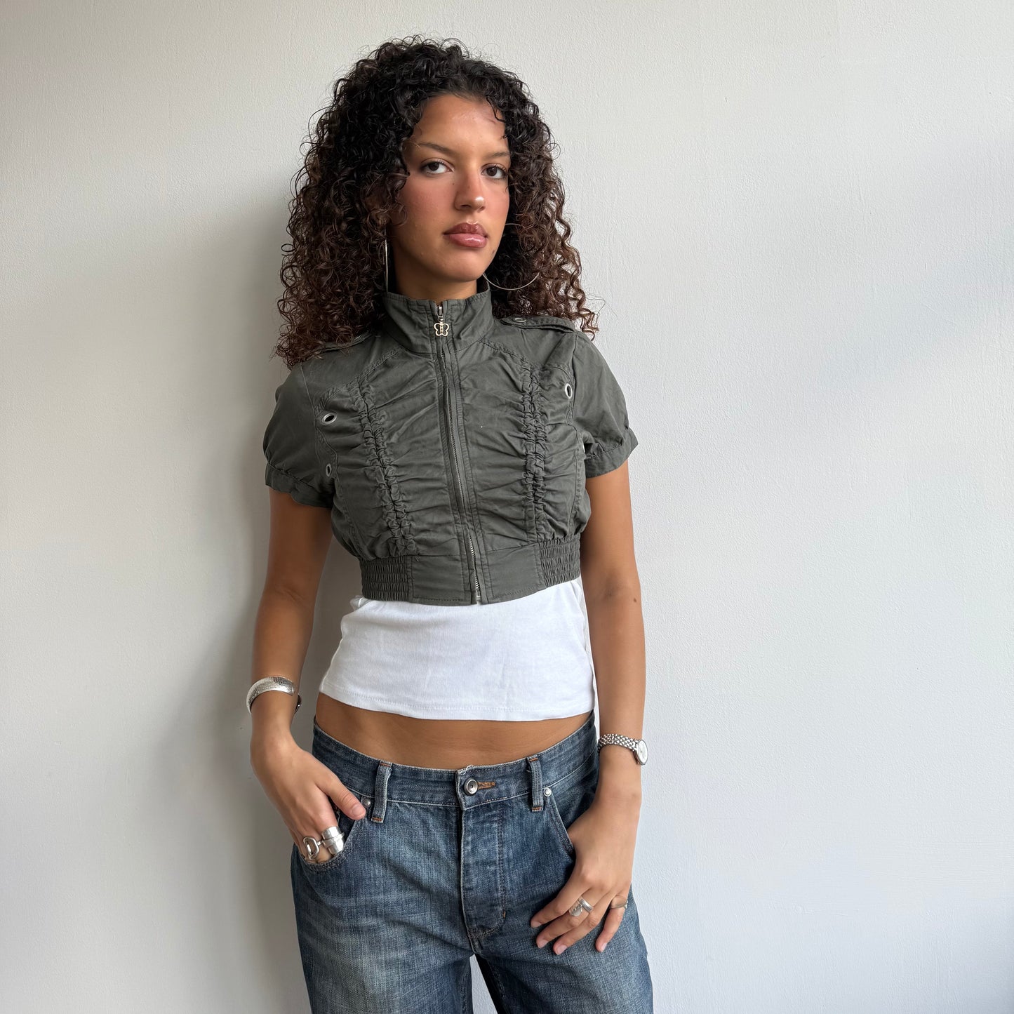 Khaki cropped ruched jacket - Size S