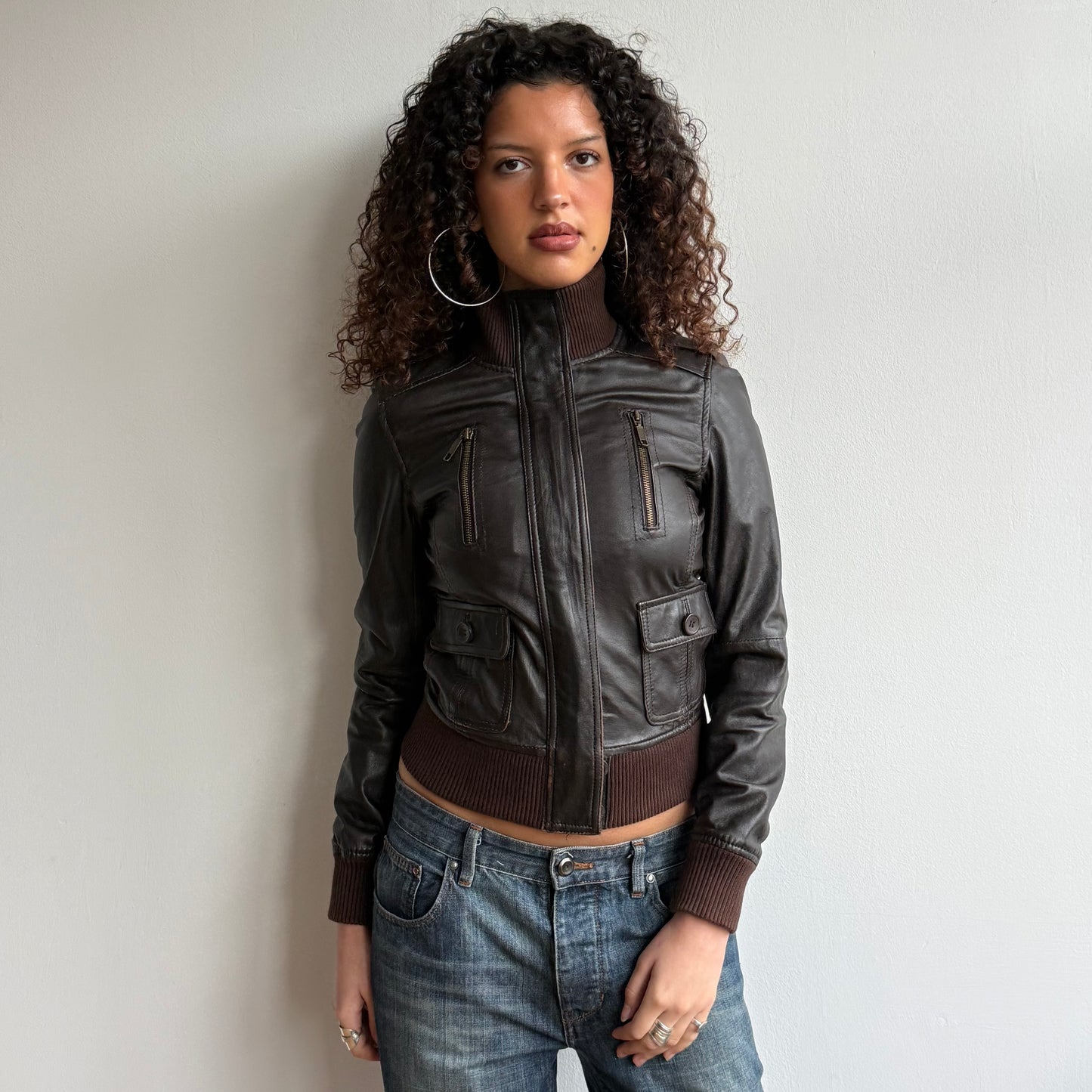 Brown leather zip bomber jacket - Size S