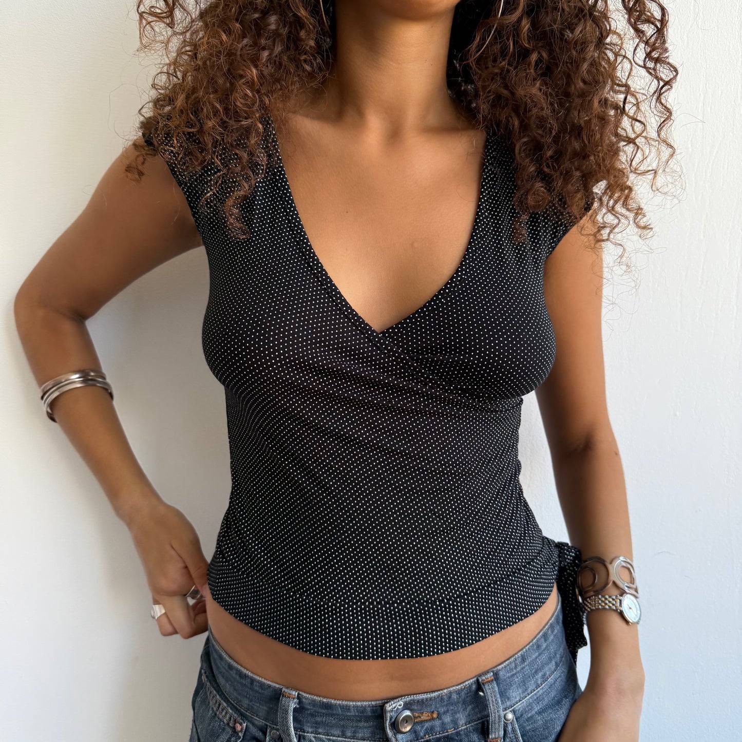 Micro polka dot wrap tie side top - Size Small