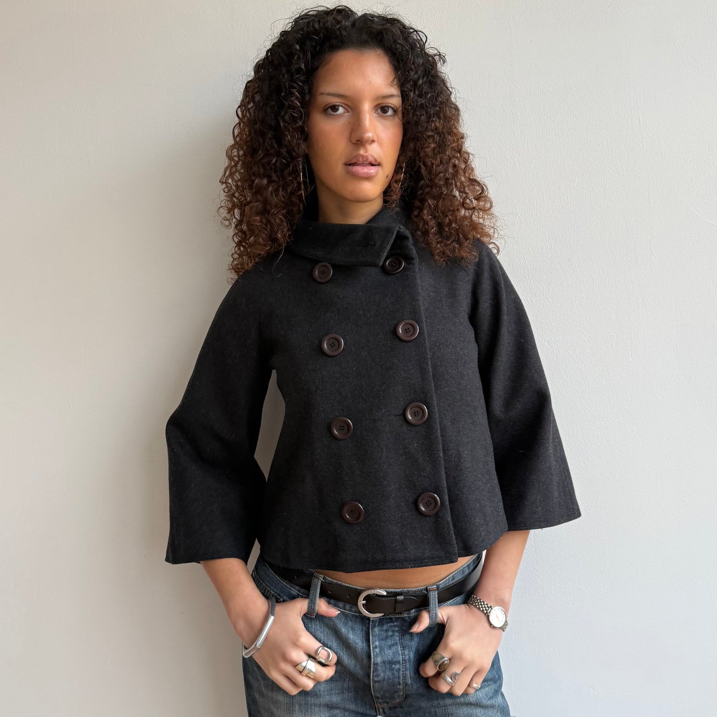 Charcoal 3/4 sleeve swing peacoat - Size S