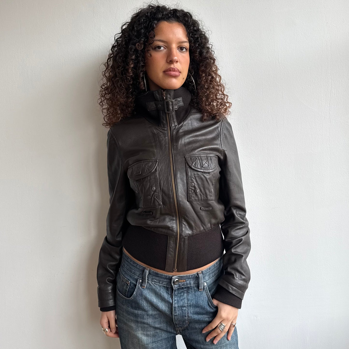 Soft leather brown buckle bomber - Size M