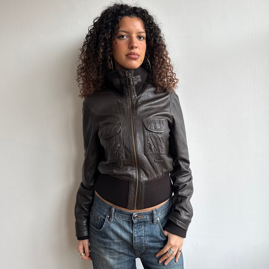 Soft leather brown buckle bomber - Size M