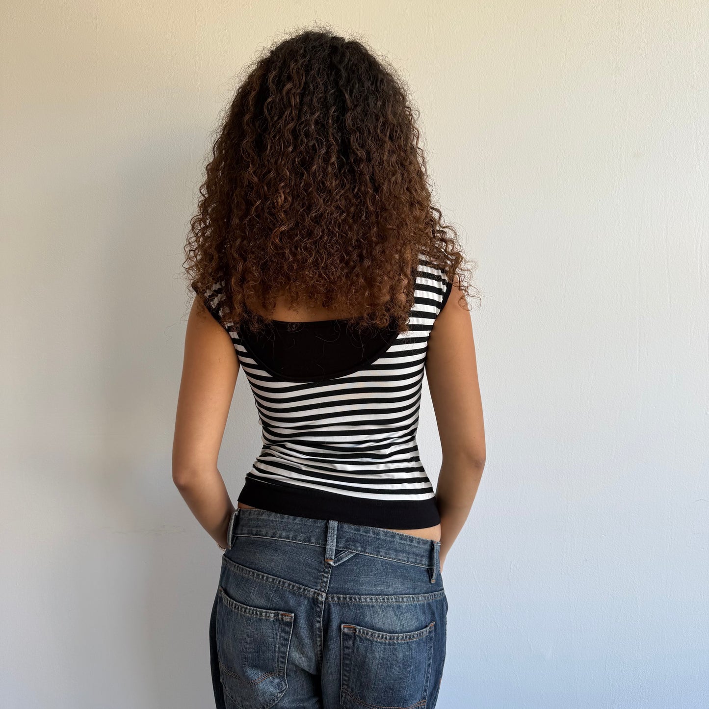 Black + white striped bardot top - Size S