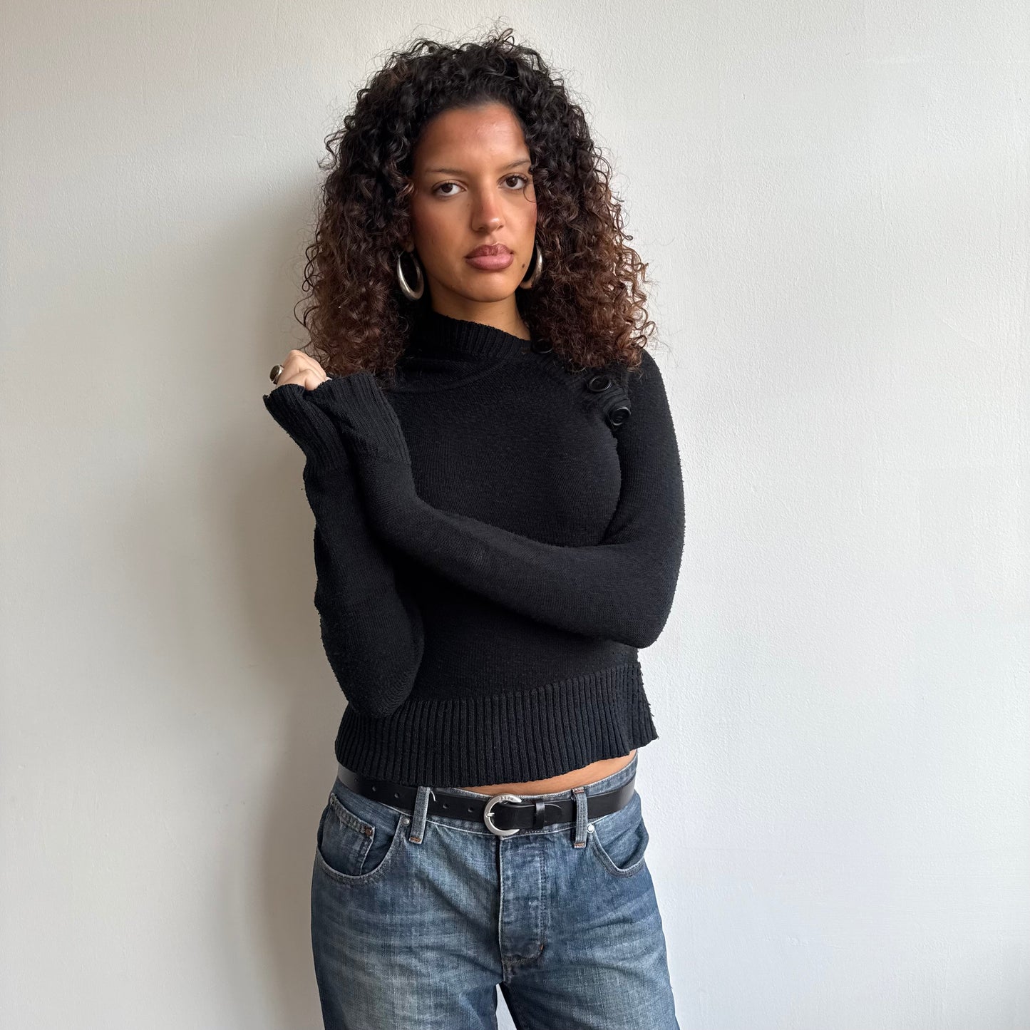 Black button knit hoodie - Size S