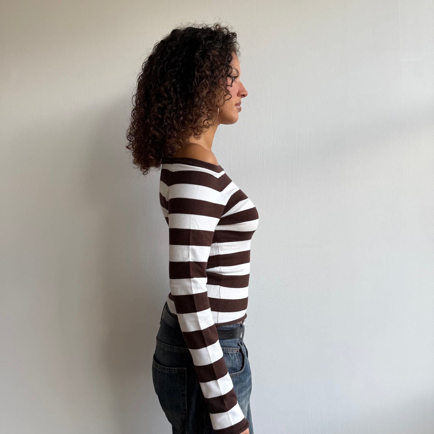 Brown and white striped Bardot knit - Size S