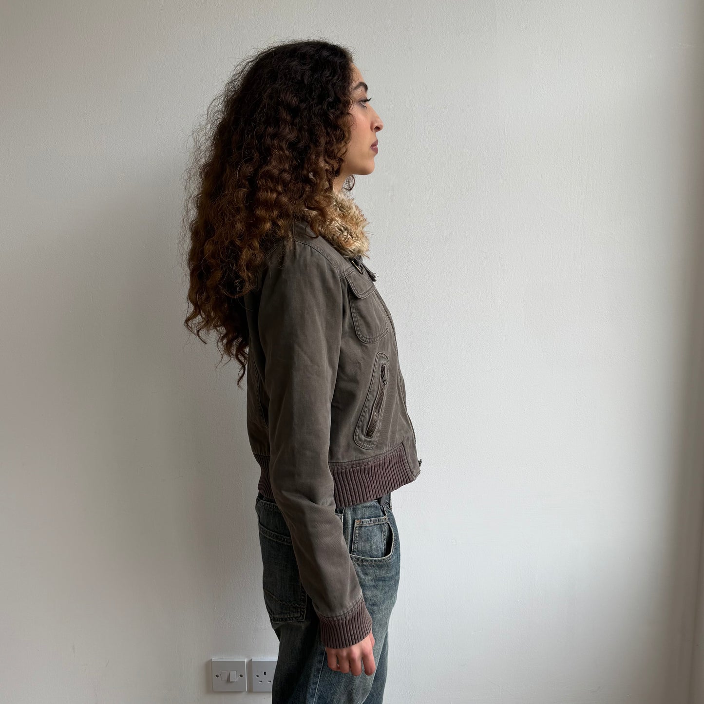 Brown fur collar bomber - Size S