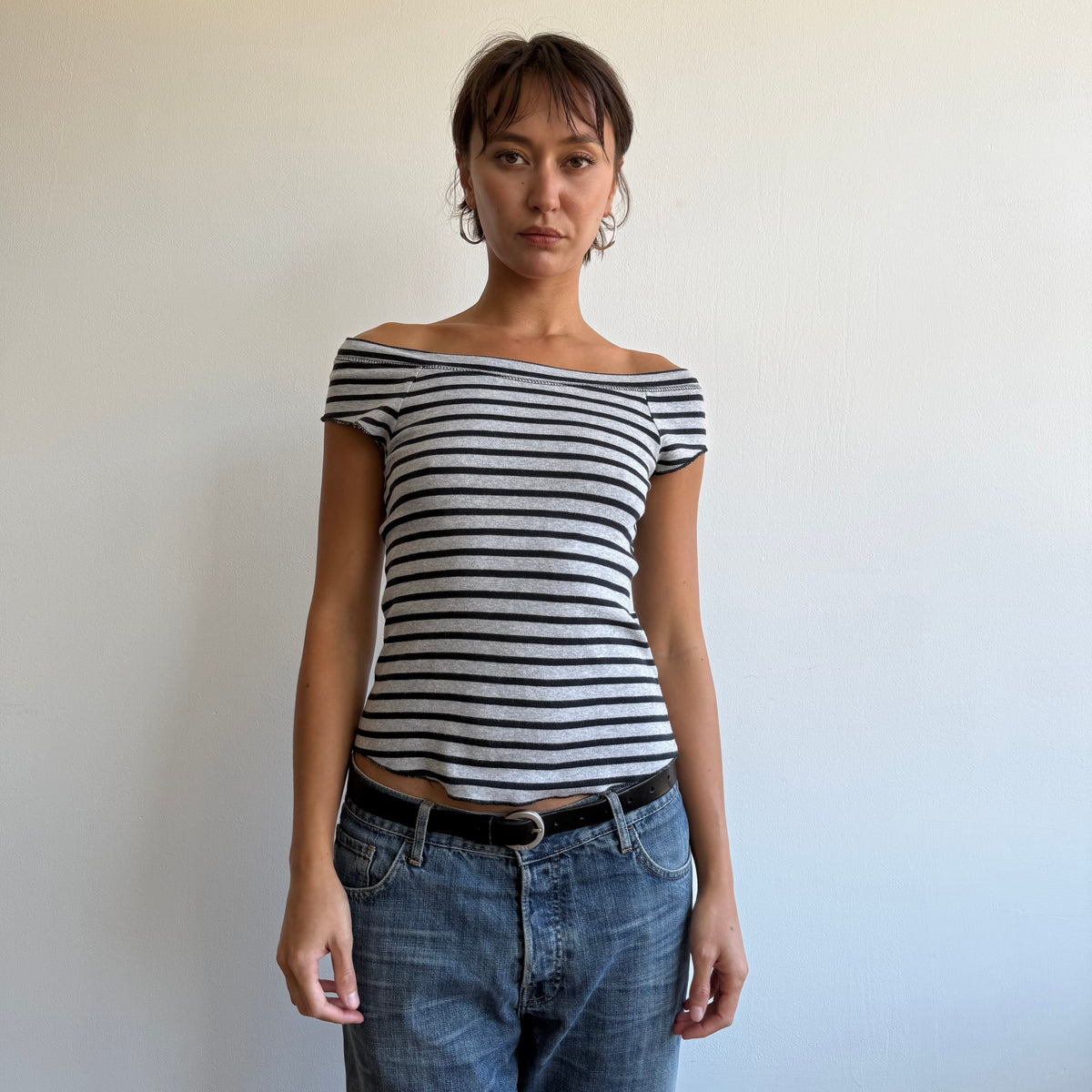 Navy + grey striped top - Size S-M