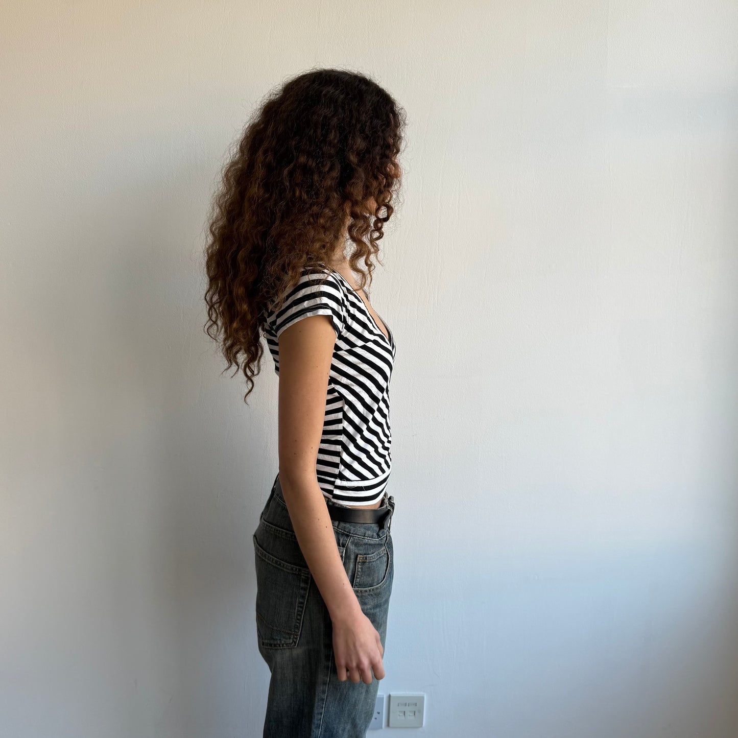 Black + white striped ballet wrap top - Size S